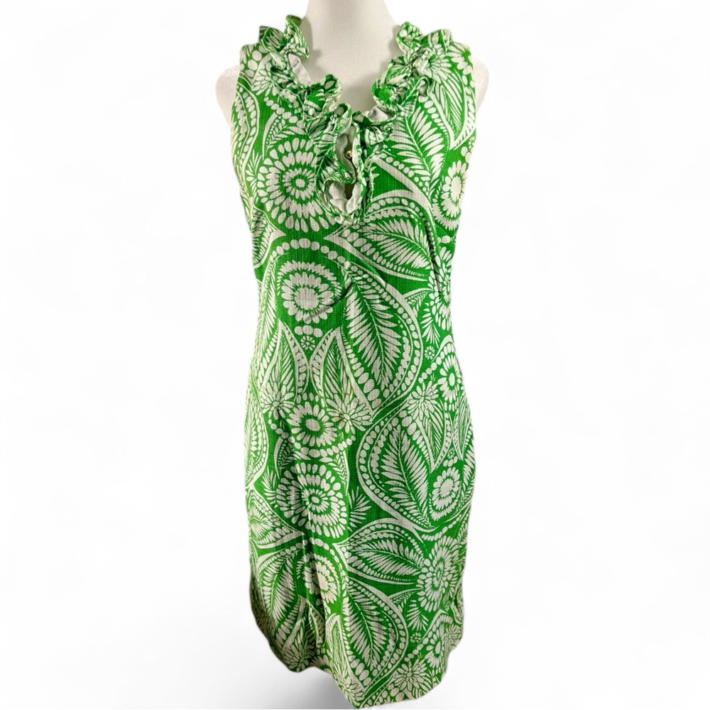 Kate Spade Bonnie sheath dress Sz small kelly green floral preppy ruffle neck